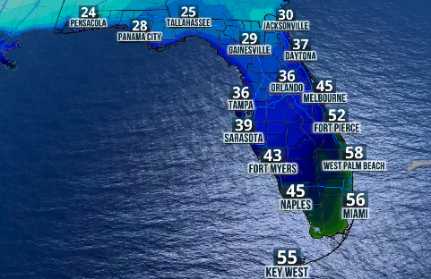 Not the winter storm ... but Florida temperatures will drop early this week